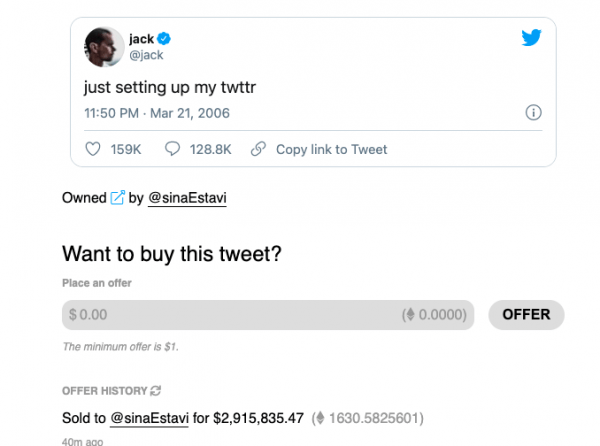 NFT-твит Джека Дорси продан за $2,91 млн