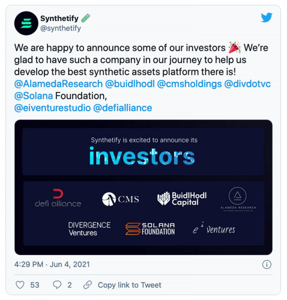 Протокол синтетических активов Synthetify объявил список инвесторов