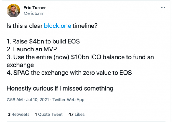 Эрик Тернер: «Действия Block.One бесполезны для держателей EOS»