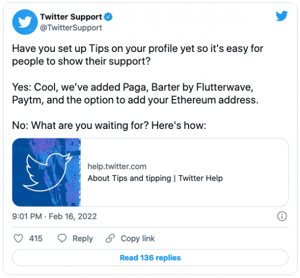 Twitter позволяет пользователям отправлять и получать Ethereum за подсказки