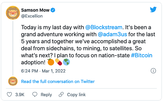 Самсон Моу покидает Blockstream, чтобы сосредоточиться на «принятии биткойна в национальном масштабе»