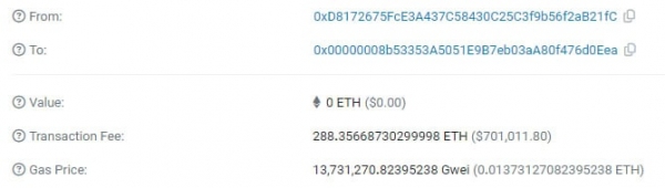 Пользователь заплатил за транзакцию в сети Ethereum $701 000 комиссии